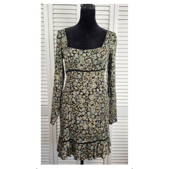 Free People Black Floral Mini Dress Long Sleeve Ruffle Boho NWT $128 Size 2 - Picture 1 of 15